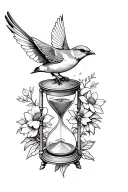 A canary bird flying by an hourglass surrounded by flowers tattoo design idea