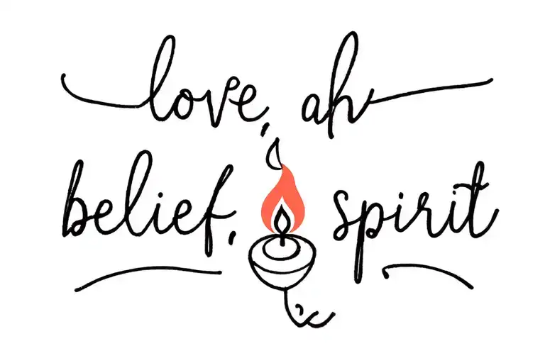 a minimalist simple image with the words love, belief, and spirit and a candle or a flame or something from nature tattoo design idea