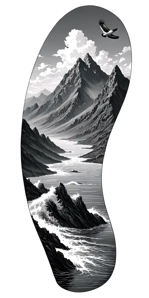 Vast mountain landscape with river or ocean waves, in the far background a very small distant falcon flying in the sky tattoo design idea