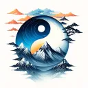yin yang and mountains inside, incorporate the mountain as a background  tattoo design idea