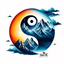 yin yang and mountains inside, incorporate the mountain as a background  tattoo design idea