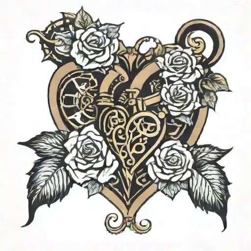 steampunk heart with roses growing tattoo design idea