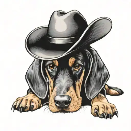 Black and Tan coonhound puppy wearing a cowboy hat tattoo design idea
