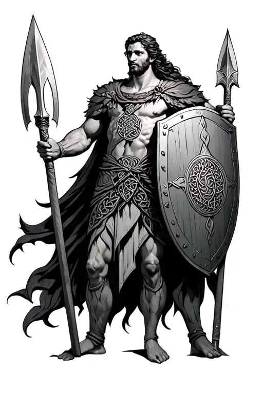 Full body depiction of the Celtic god Lugh  holding his shield and spear, stylized tattoo design idea