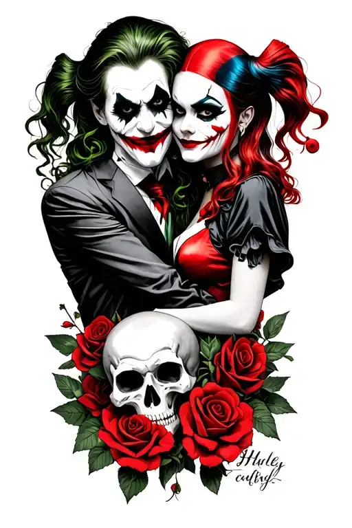 joker and harley quinn with skulls n roses tattoo design idea