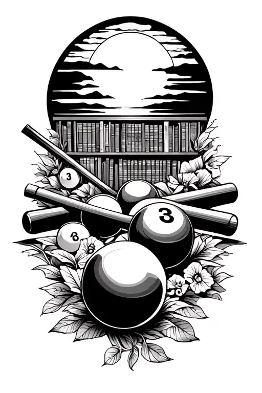 A tattoo design combining billiard pool cues and balls with a bookshelf filled with dark romance novels, set against a backdrop of a dramatic sunset tattoo design idea