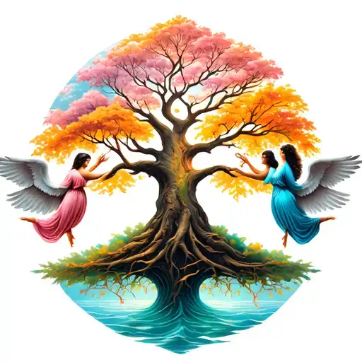 tree of life with 2 angels tattoo design idea