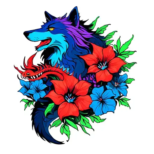 blue and purple wolf with red and green dragon with blue morning glory flowers tattoo design idea