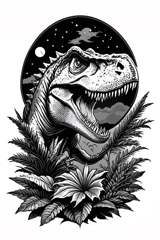 jurassic park style tattoo with some plants, a T-rex and the night sky tattoo design idea