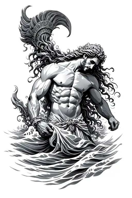 poseidon god, sea waves tattoo design idea