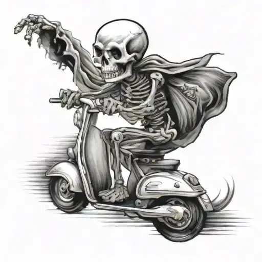 skeleton riding scooter down windy road tattoo design idea