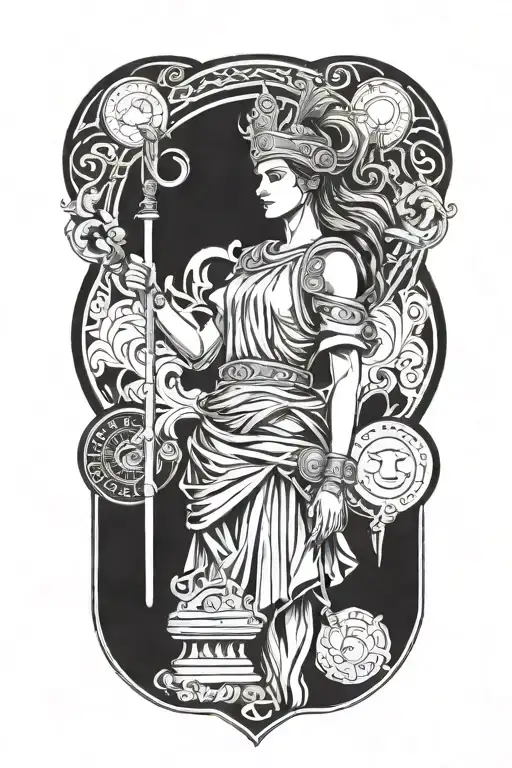 A modern interpretation of the Greek goddess Athena as a team leader, incorporating elements of technology and leadership symbols tattoo design idea