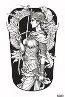 A modern interpretation of the Greek goddess Athena as a team leader, incorporating elements of technology and leadership symbols tattoo design idea