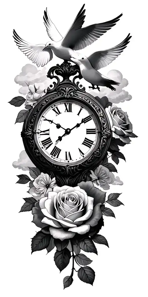roses Roman numeral clock doves light clouds tattoo design idea