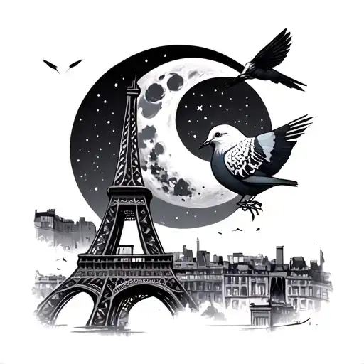 eiffel tower, moon, pigeon tattoo design idea