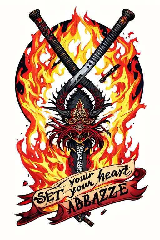 Katana with text "set your heart ablaze" tattoo design idea