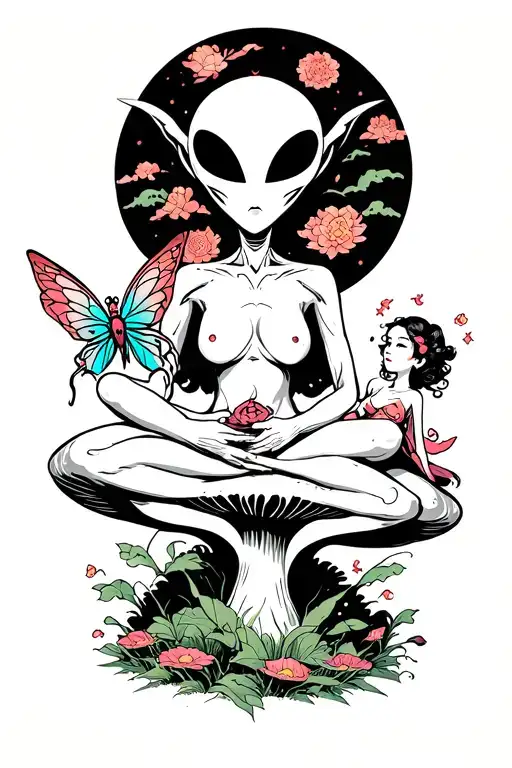 enlightened androgynous alien sitting with a fairy on a mushroom tattoo design idea