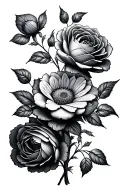 rose, Daisy, peony flowers intertwined tattoo design idea