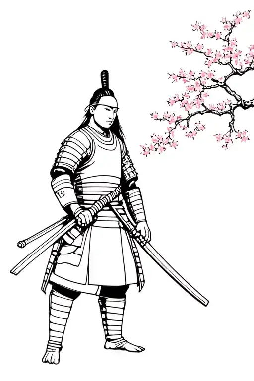japan samurai in samurai traditional armor with a katana and Sakura blossom simple lines tattoo design idea