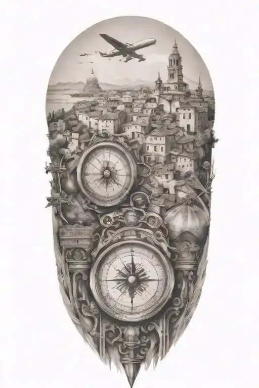 edges that fade softly, featuring italian and greek inspired buildings and landscape, airplane, one compass  tattoo design idea