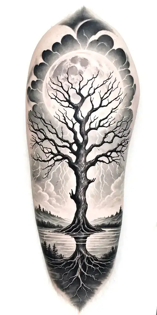 ygdrasil and lightining storm and moon and nature tattoo design idea