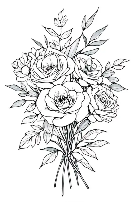 a bouquet of flowers with olive branch, roses and carnations. A bouquet not too busy tattoo design idea