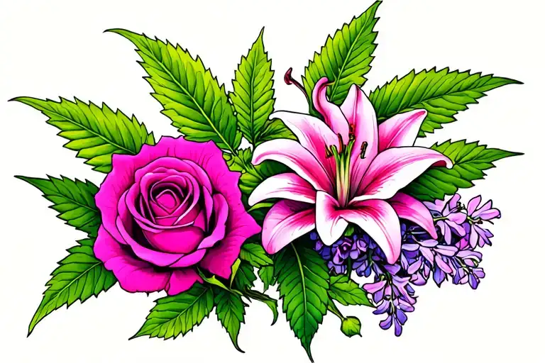 Rose, Cannabis Flower, Lilac, Lily tattoo design idea