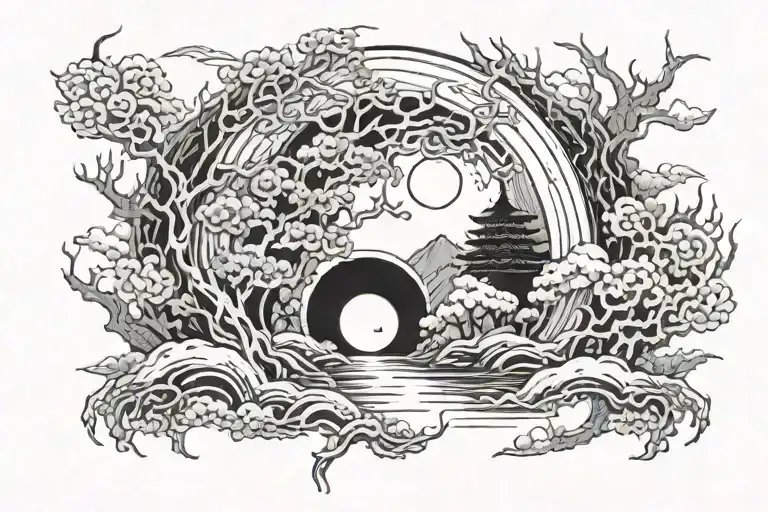 Japanese forest river covered in amaterasu flames on the night of the Sharingan moon tattoo design idea