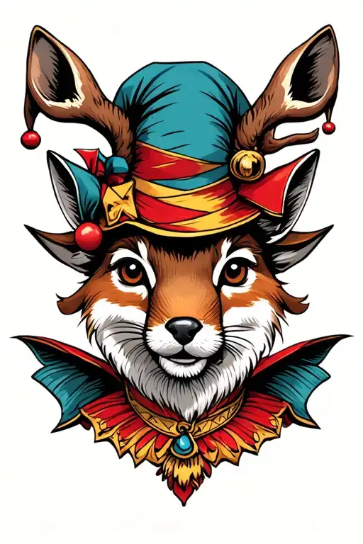 i want a jackalope with a little jester hat and ruffeled collar tattoo design idea