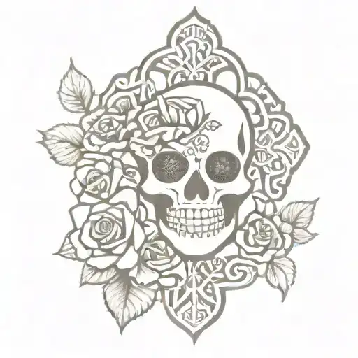 Celtic cross with a sugar skull on the skin on top of the cross but not touching and 2 red roses behind it tattoo design idea