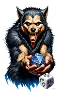 Werewolf holding D20 dice tattoo design idea