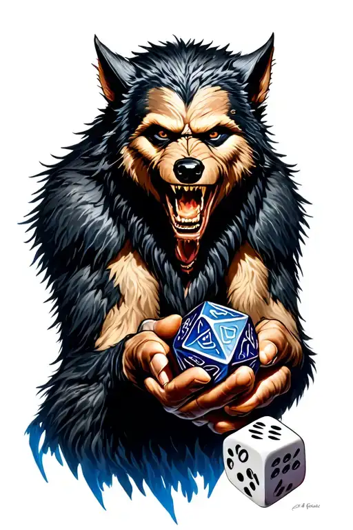 Werewolf holding D20 dice tattoo design idea