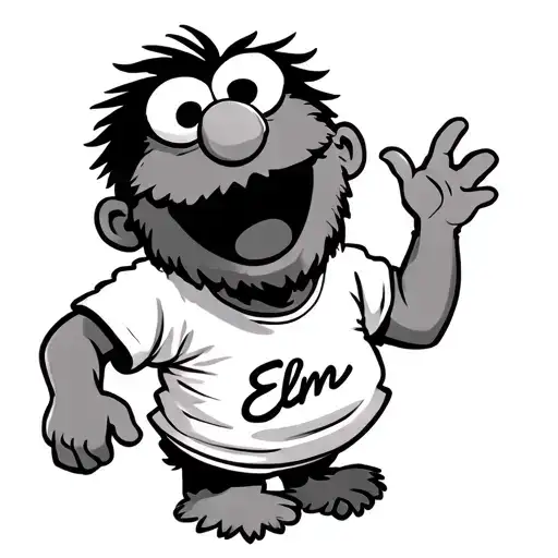 A small Indian man with a t-shirt written Elmo who laughs tattoo design idea