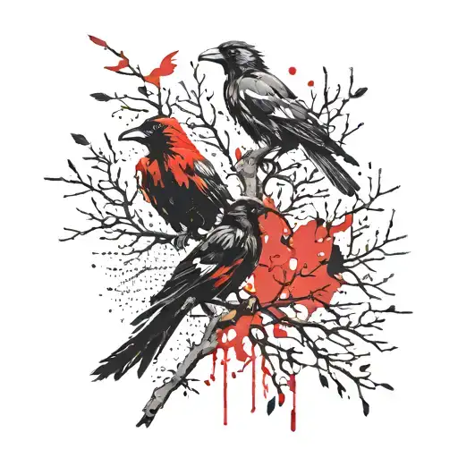 Huggin and muggin, one sitting on an olive tree branch and another flying away and small crows flying through a storm. tattoo design idea