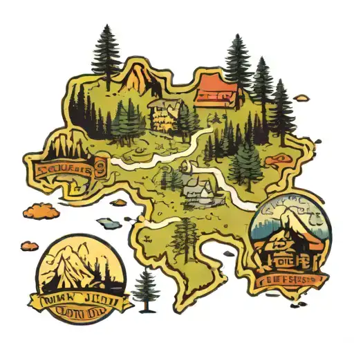 A map of Romania intertwined with hiking trails and pine trees, symbolizing a love for exploration tattoo design idea