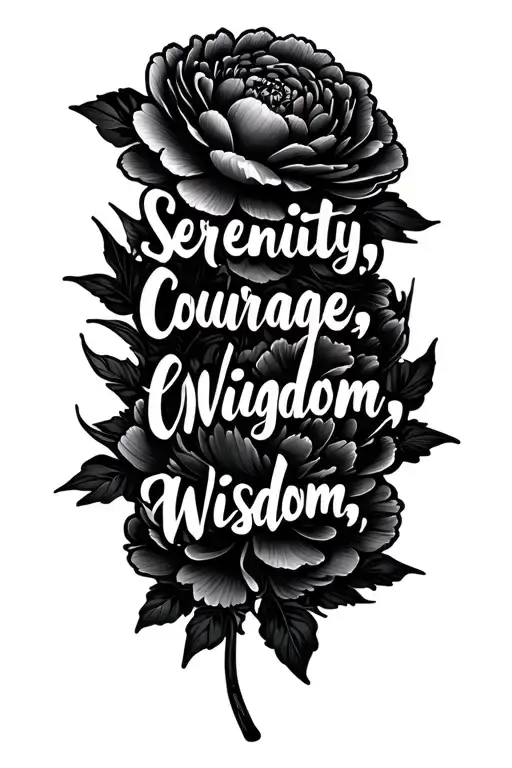 "Serenity, Courage, Wisdom" "Serenity, Courage, Wisdom" peony flowers with leaves tattoo design idea