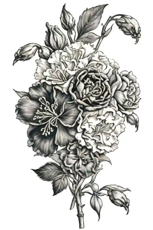 Carnations, Iris, daisy and delphinium flowers intertwined tattoo design idea