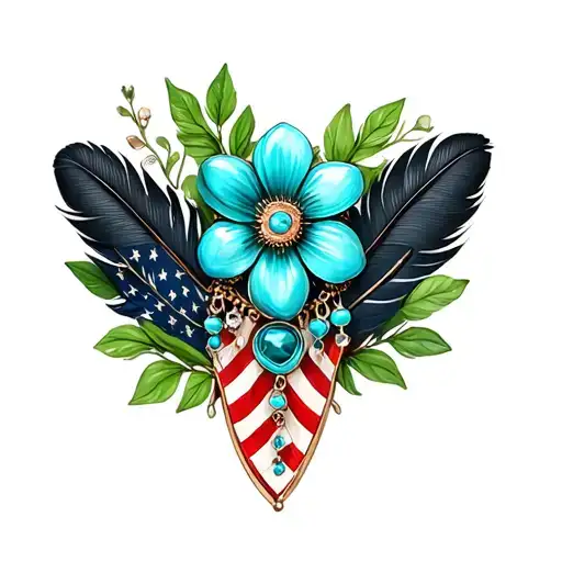black feathers, colored feathers, american flag, green leaves, one brooch turquoise jewelry, flowers tattoo design idea