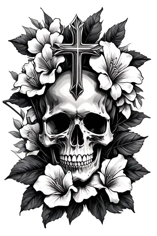 a skull and flor de maga around it with a cross   tattoo design idea
