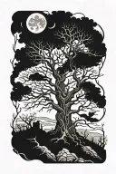 poison tree with no leaves, with moon and crows flying, with roots arching over stone  tattoo design idea