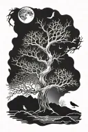 poison tree with no leaves, with moon and crows flying, with roots arching over stone  tattoo design idea