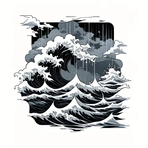waves and clouds fire rain tattoo design idea