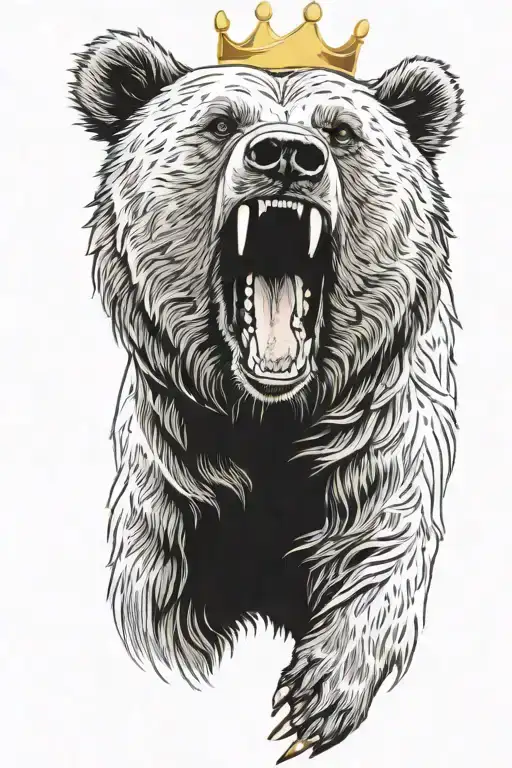 grizzly bear wearing a gold crown. mouth open showing teeth. facing forward. full body. large paws and claws tattoo design idea