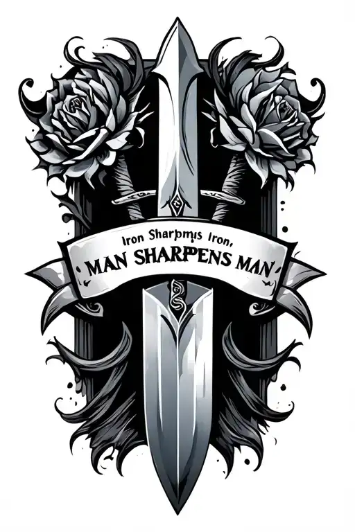 A dual edged sword. one side of it says iron sharpens iron. the other side man sharpens man tattoo design idea