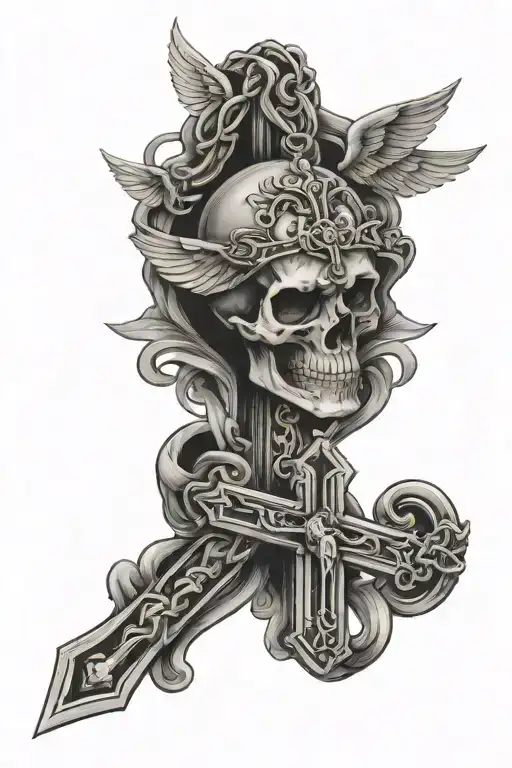 rosary intertwined with wings , cross tattoo, skull tattoo design idea