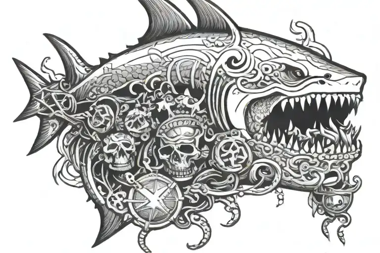 shark with treasure chest eating skull tattoo design idea