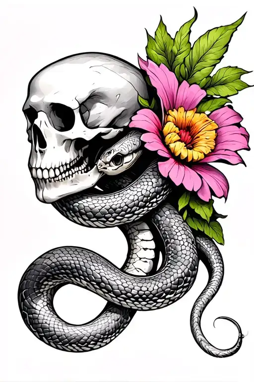 black and grey skeleton snake coiled around the shoulder and biceps with colored flower on the snake tattoo design idea
