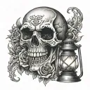 horror tattoo in the style of realism and graphics on the chest with a lantern in his hand and a skull tattoo design idea
