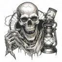 horror tattoo in the style of realism and graphics on the chest with a lantern in his hand and a skull tattoo design idea