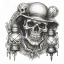 horror tattoo in the style of realism and graphics on the chest with a lantern in his hand and a skull tattoo design idea